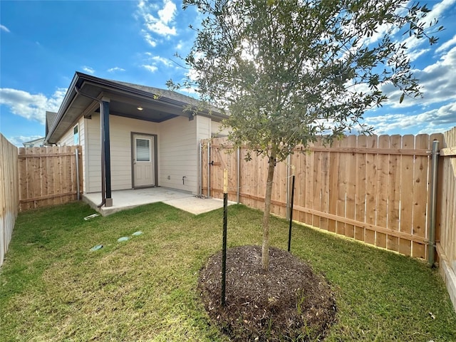 back of property featuring a patio area and a lawn