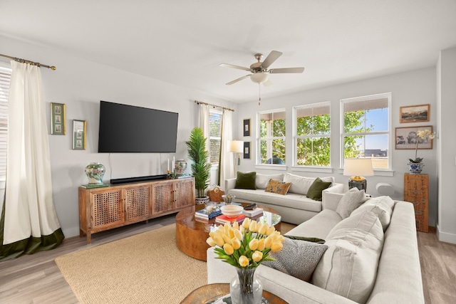 living room with light hardwood / wood-style flooring and ceiling fan