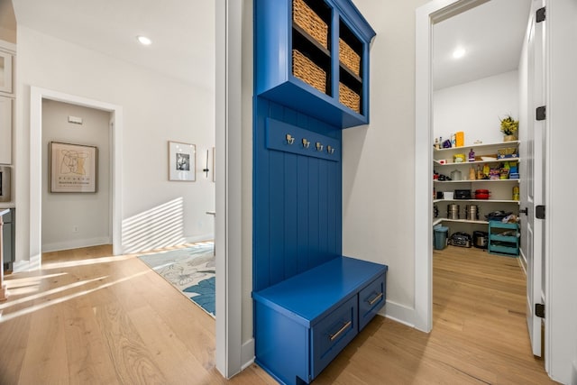 mudroom with light hardwood / wood-style floors