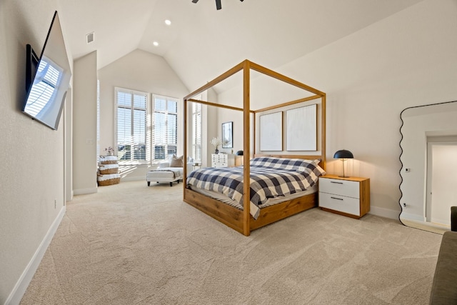 bedroom featuring light carpet and lofted ceiling