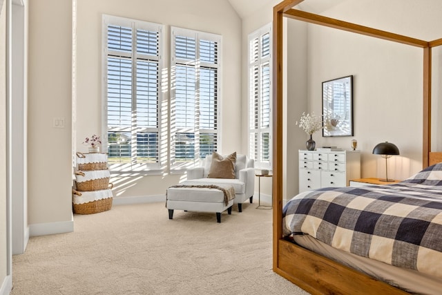 carpeted bedroom with multiple windows and lofted ceiling