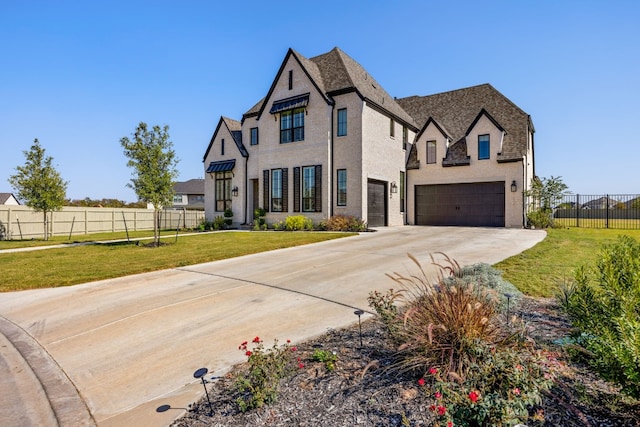 tudor home with a front lawn and a garage