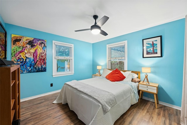 bedroom featuring multiple windows, wood finished floors, and baseboards