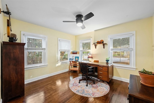 office featuring ceiling fan, baseboards, and dark wood finished floors