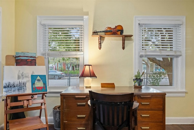 office with baseboards and wood finished floors