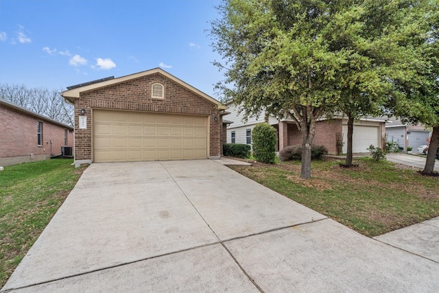 single story home with central air condition unit and a front lawn