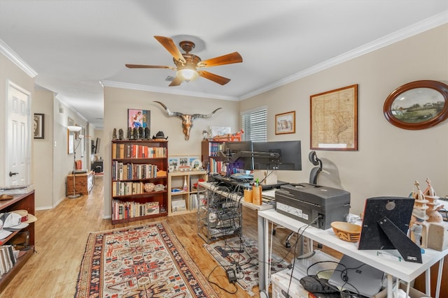 office space featuring crown molding, light hardwood / wood-style flooring, and ceiling fan