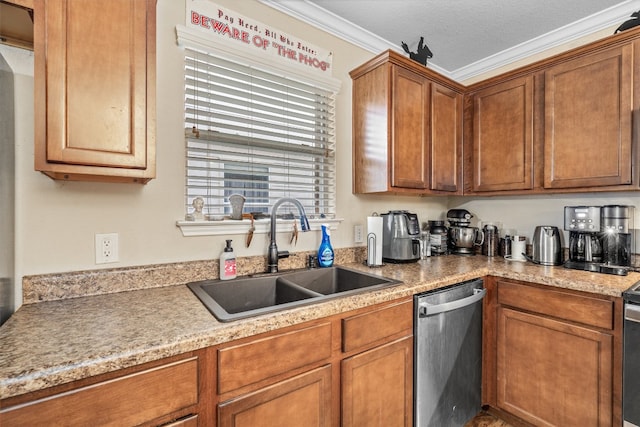 kitchen with crown molding, a textured ceiling, sink, and stainless steel dishwasher