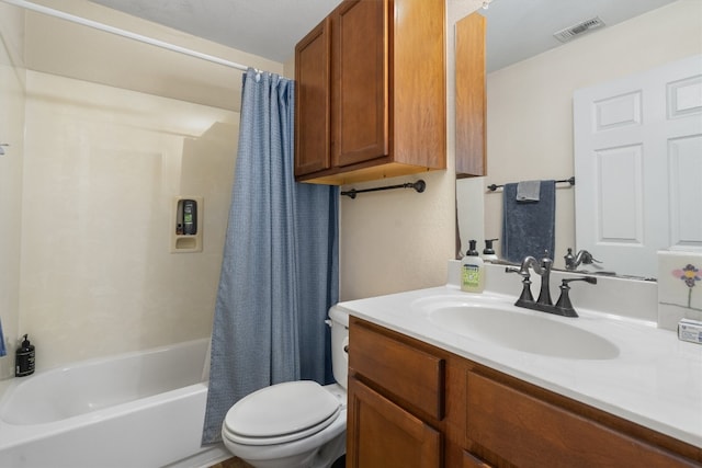 full bathroom featuring toilet, vanity, and shower / bathtub combination with curtain