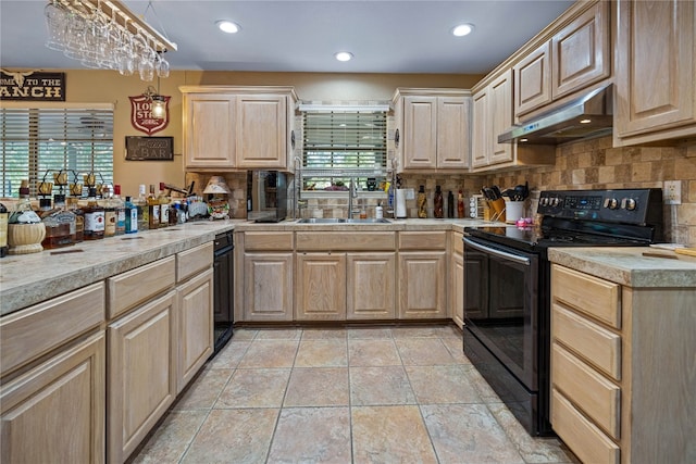 kitchen with decorative backsplash, range hood, sink, black / electric stove, and light brown cabinetry