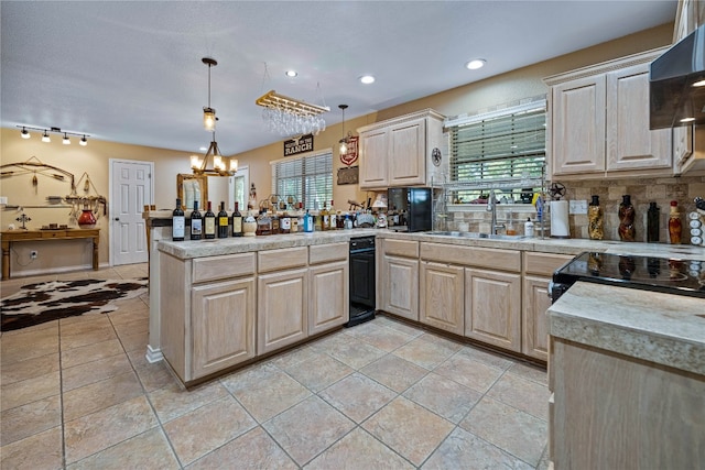 kitchen with light brown cabinetry, backsplash, kitchen peninsula, wall chimney exhaust hood, and pendant lighting