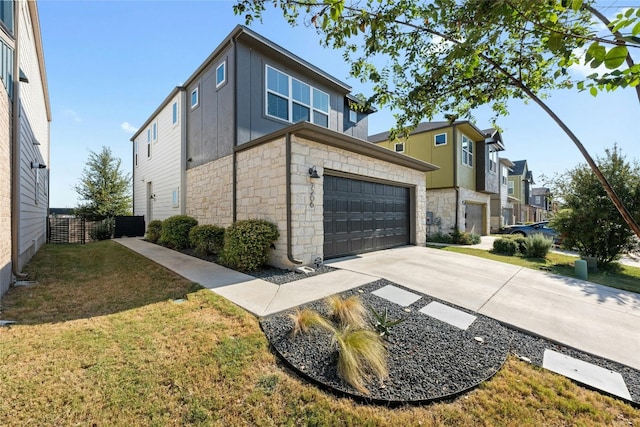 view of property exterior featuring a lawn and a garage