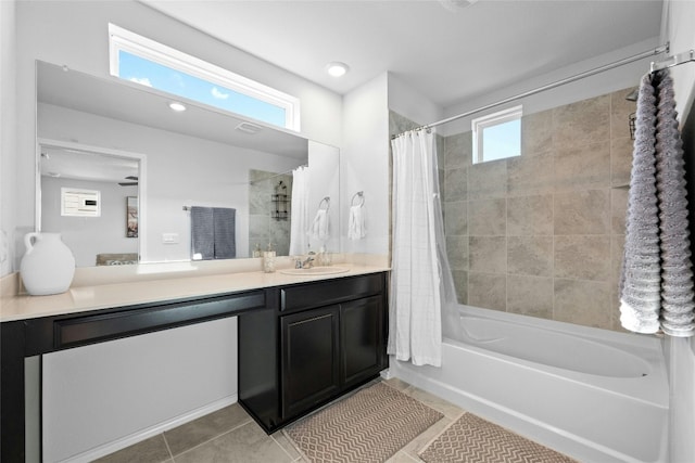 bathroom with vanity, shower / bath combination with curtain, and tile patterned floors