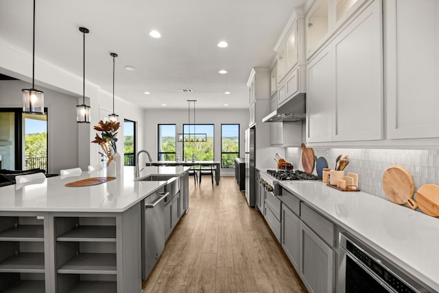 kitchen with a large island, sink, appliances with stainless steel finishes, and light hardwood / wood-style floors