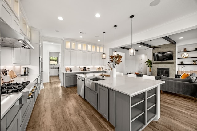 kitchen featuring an island with sink, white cabinetry, hardwood / wood-style flooring, gray cabinetry, and sink