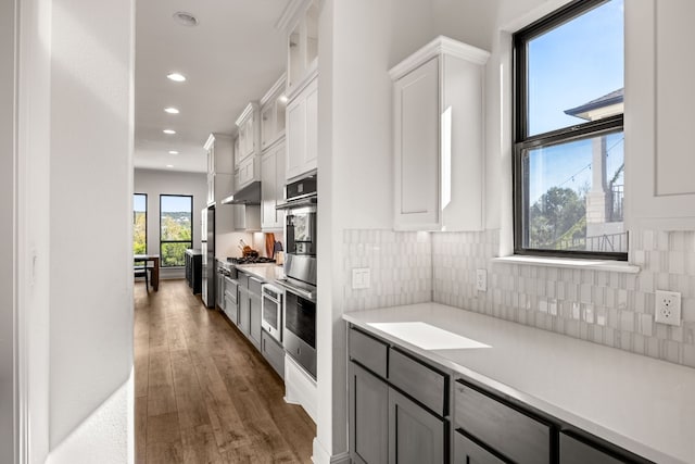 kitchen featuring decorative backsplash, dark hardwood / wood-style floors, white cabinets, and stainless steel appliances