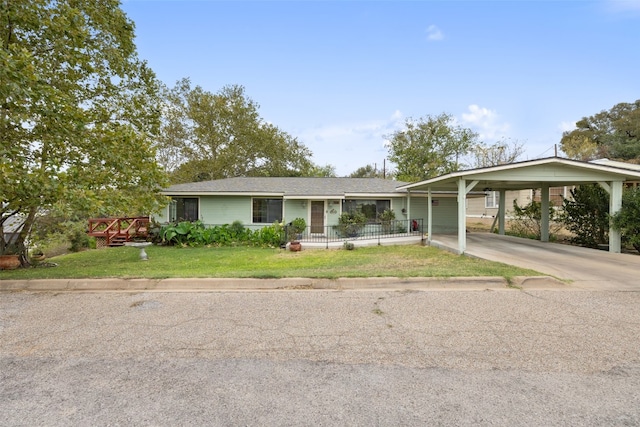 single story home featuring a front lawn and covered porch