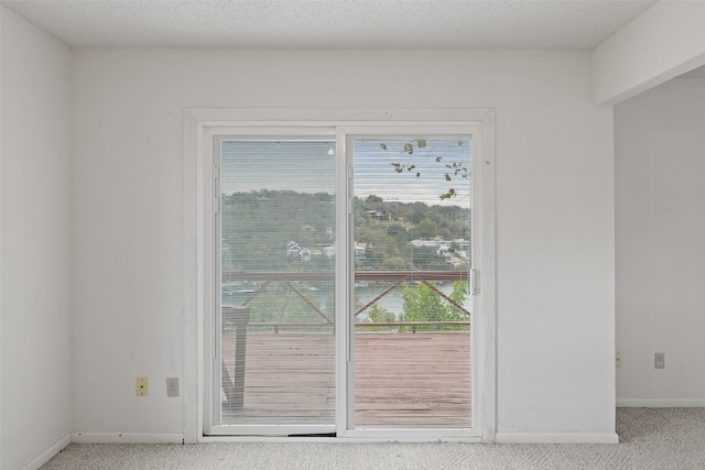 entryway featuring a wealth of natural light, light carpet, and a textured ceiling