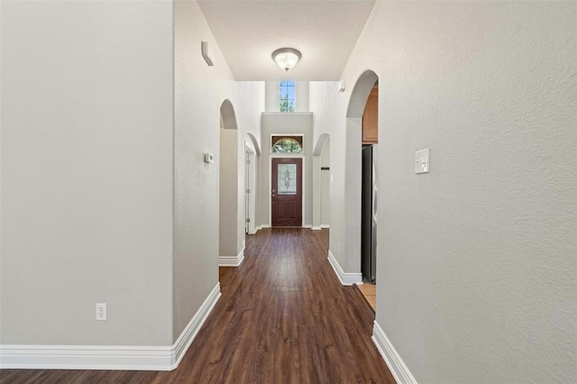 hallway with dark hardwood / wood-style flooring