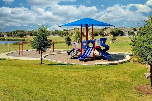 view of play area featuring a lawn