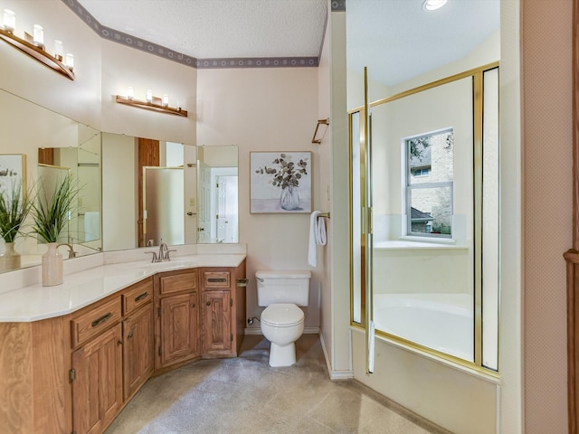 full bathroom featuring vanity, toilet, a textured ceiling, and plus walk in shower