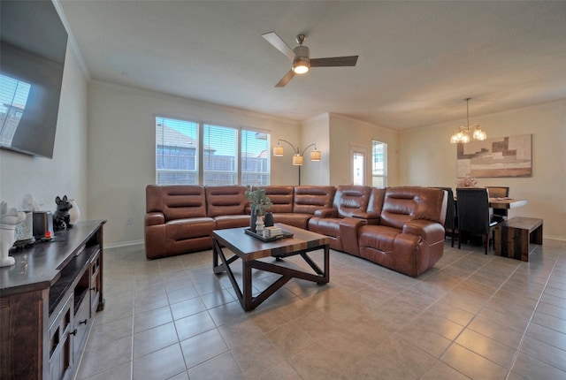 tiled living room with crown molding and ceiling fan with notable chandelier