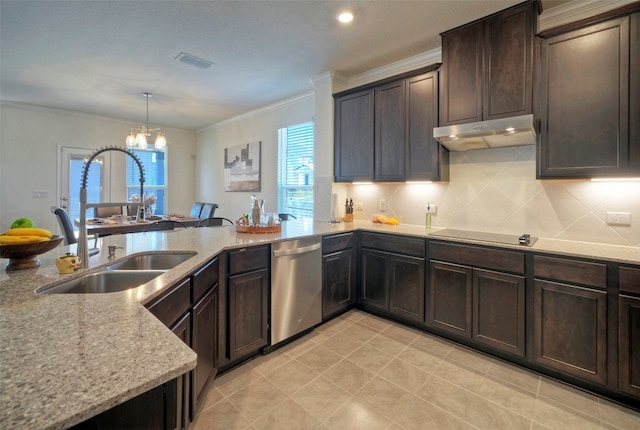 kitchen featuring black electric cooktop, ornamental molding, sink, a notable chandelier, and stainless steel dishwasher