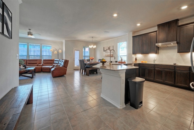 kitchen with sink, plenty of natural light, ceiling fan with notable chandelier, and a kitchen island with sink