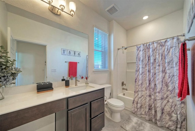 bathroom with visible vents, shower / tub combo with curtain, toilet, tile patterned floors, and vanity
