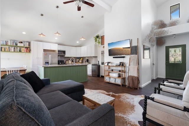 living room with high vaulted ceiling, ceiling fan, dark wood-type flooring, and sink