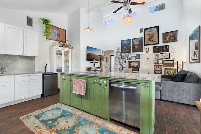 kitchen featuring white cabinetry, pendant lighting, dark wood-type flooring, and green cabinetry