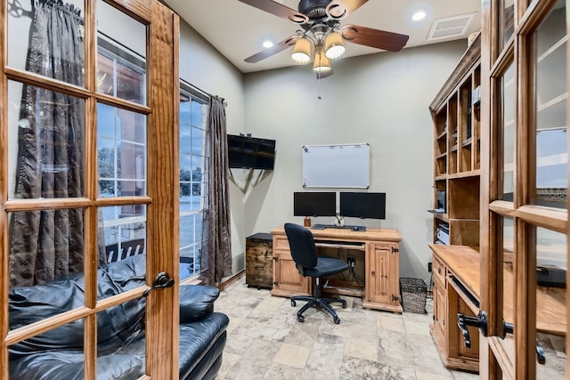 office area with ceiling fan