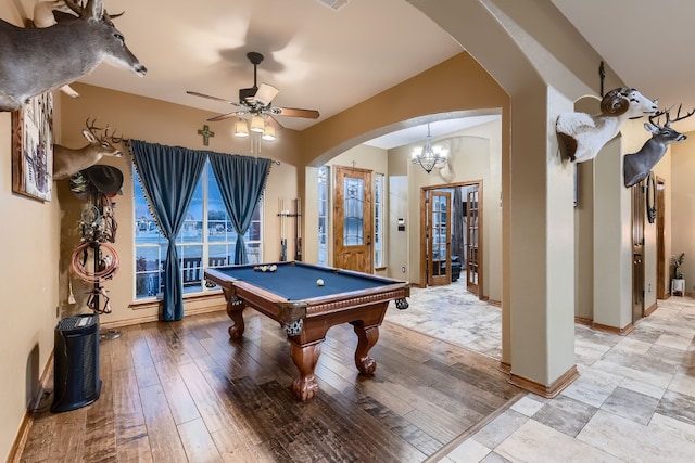 recreation room featuring light hardwood / wood-style flooring, billiards, and ceiling fan