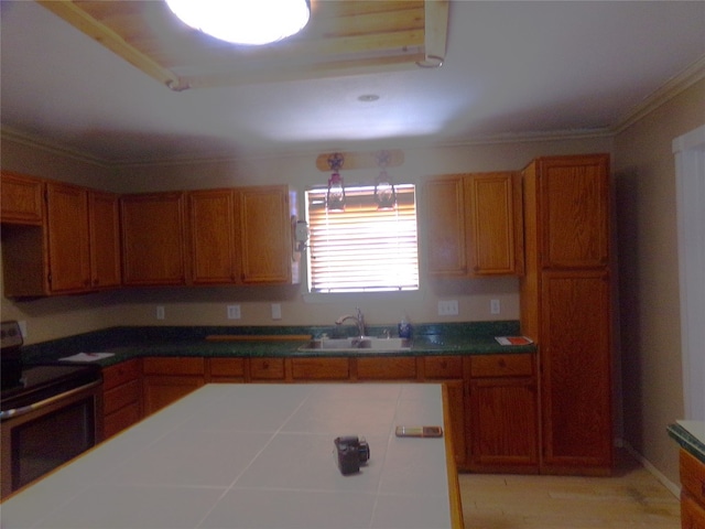 kitchen featuring sink, black / electric stove, crown molding, and light tile patterned floors