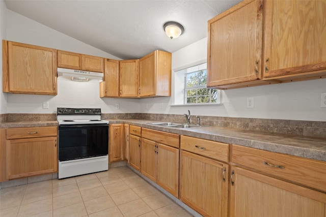 kitchen with lofted ceiling, white electric stove, sink, light tile patterned floors, and a textured ceiling