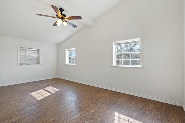 unfurnished room with dark hardwood / wood-style floors, a healthy amount of sunlight, lofted ceiling with beams, and ceiling fan