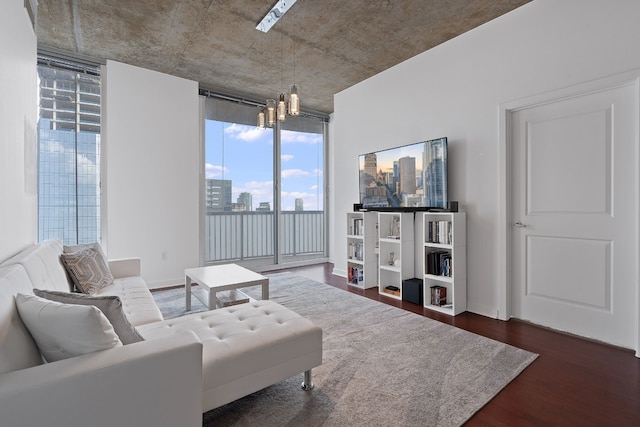 living room featuring dark wood-type flooring and a wall of windows