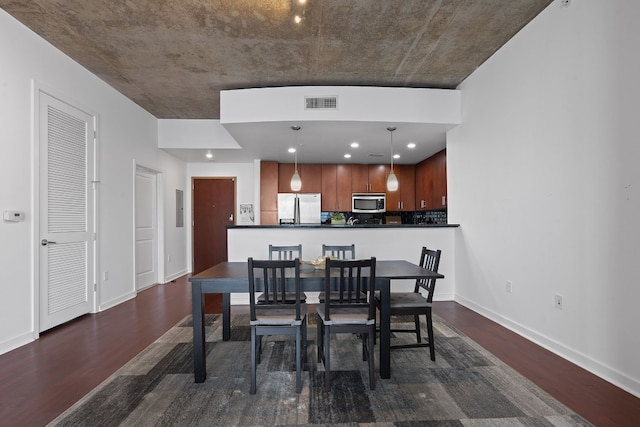 dining room with electric panel, dark wood finished floors, visible vents, and baseboards