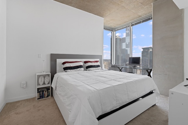 carpeted bedroom with a wall of windows