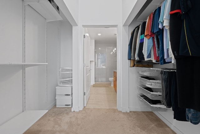 walk in closet featuring light carpet