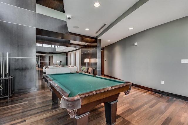 game room featuring recessed lighting, pool table, visible vents, dark wood-type flooring, and baseboards