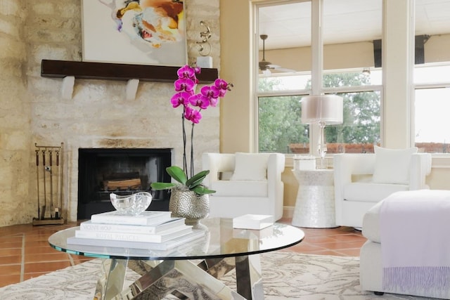 interior space featuring tile patterned flooring and a high end fireplace