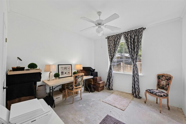 office with crown molding and ceiling fan