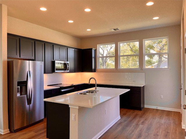 kitchen with decorative backsplash, appliances with stainless steel finishes, sink, a center island with sink, and light hardwood / wood-style flooring