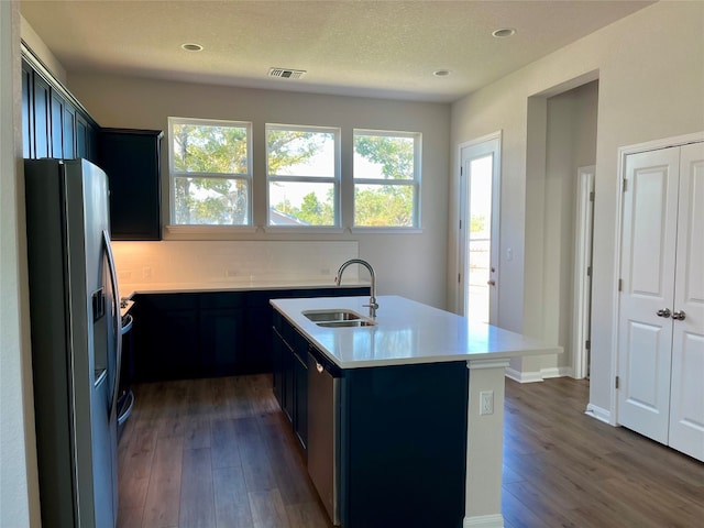 kitchen featuring a healthy amount of sunlight, sink, a kitchen island with sink, and stainless steel appliances