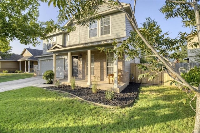 view of front of home with a porch and a front lawn