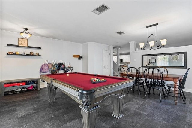 playroom with ornamental molding, a chandelier, and pool table