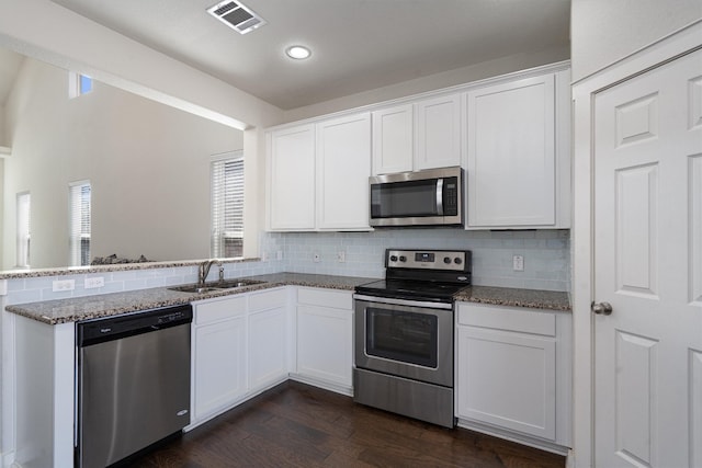 kitchen with white cabinets, dark hardwood / wood-style floors, stone countertops, sink, and stainless steel appliances