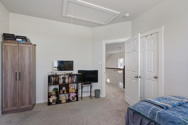 bedroom with light carpet