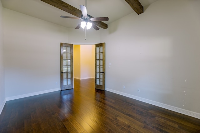 spare room featuring ceiling fan, high vaulted ceiling, beamed ceiling, dark wood-type flooring, and french doors